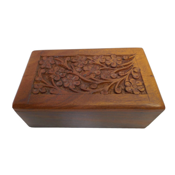 Handcarved Floral Keepsake Wood Jewelry Box With Slide open Bottom - Picture 10 of 16